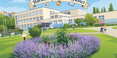 Powiększ grafikę: Budynek szkoły i napis: Harmonogram uroczystości